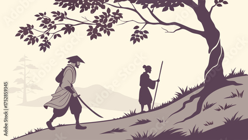 Samurai and Monk Walking Uphill Path. Strategic Business Journey, Personal Development, Overcoming Challenges, Future Success