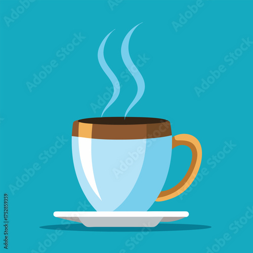 A steaming cup of hot coffee or tea with a golden rim and handle sits on a saucer against a vibrant blue background evoking warmth and comfort