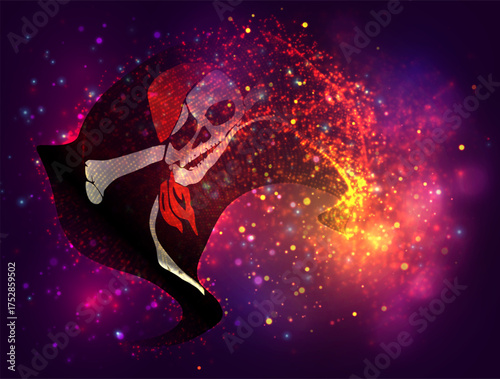 Pirate, vector 3d flag with a splash of paint dots, explosion of colored dots