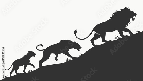 Lion Family Silhouettes Climbing Uphill Driving Business Growth Leadership and Personal Development Success