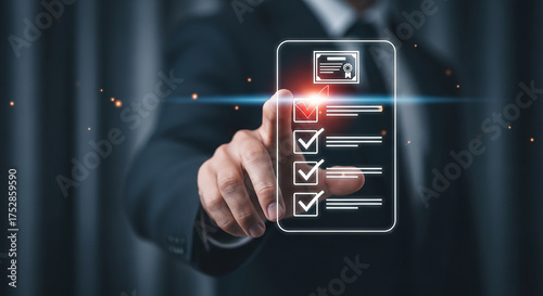 Digitally Secured: A person uses a digital screen displaying a checklist, representing the assurance of digital security in the modern technology era.