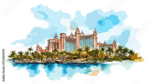 Atlantis Resort. Atlantis Resort hand drawn watercolor illustration