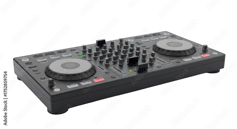 Fototapeta premium DJ controller with knobs, sliders, and decks on dark surface, angled view