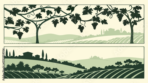 Tuscan Vineyard Landscape Banners with Grapevines and Rolling Hills. Idyllic Rural Scenery for Wine, Food, Travel, and Web Design.