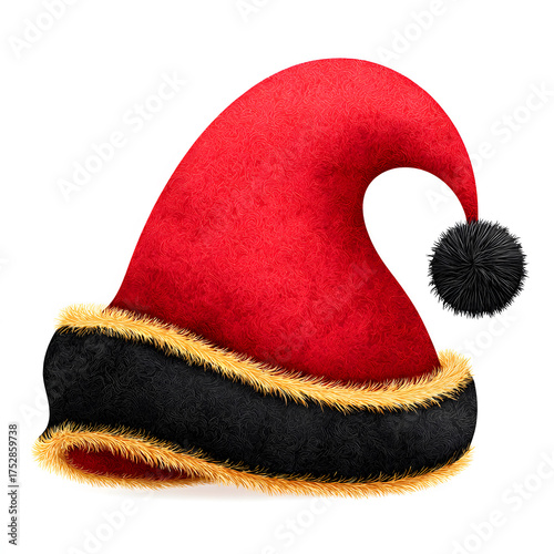 Vector illustration of a luxurious red and black Santa hat with golden fur trim and soft pom-pom, an elegant accessory for Christmas costume, New Year celebration and holiday decoration.
