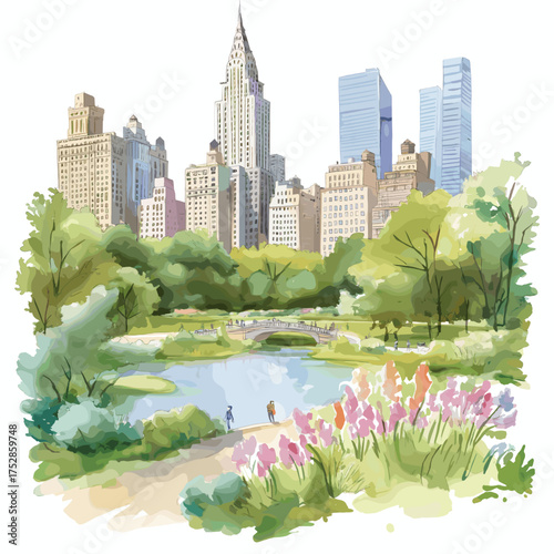 Central Park. Central Park hand drawn watercolor illustration