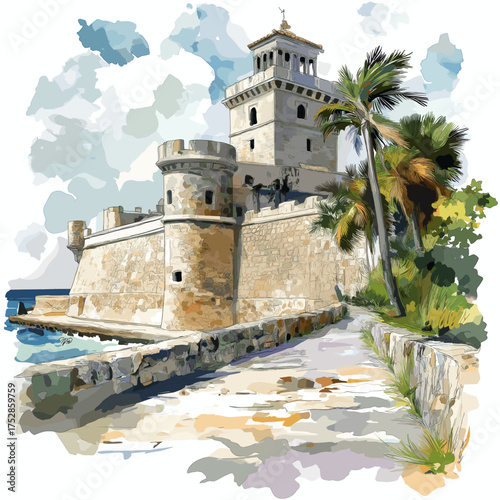 Castillo de los Tres Reyes Magos del Morro. Castillo de los Tres Reyes Magos del Morro hand drawn watercolor illustration
