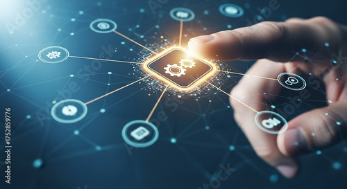 Digital Interface Touch: A hand interacts with a complex digital interface, representing the dynamic world of technology and interconnected systems. A fusion of human and machine.