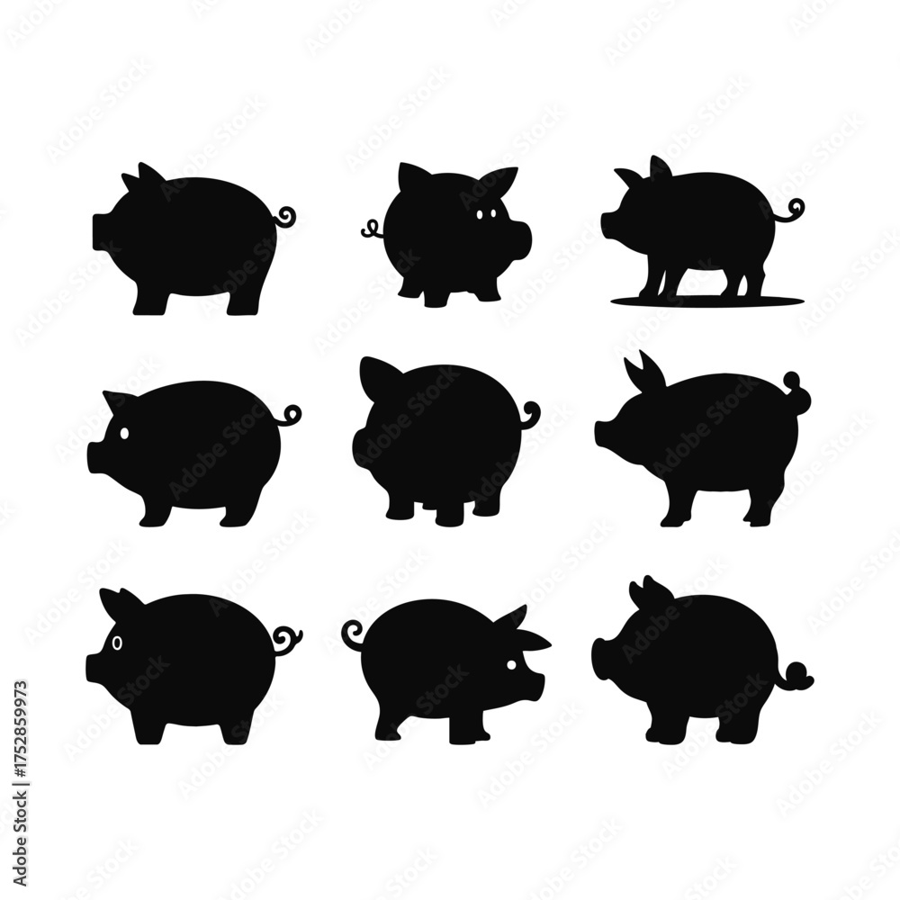 Fototapeta premium Silhouette of piggy bank isolated on white background, vector illustration