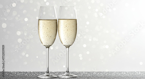 Elegant champagne flutes filled with sparkling bubbly on a festive silver surface ready for a celebration or special occasion toast