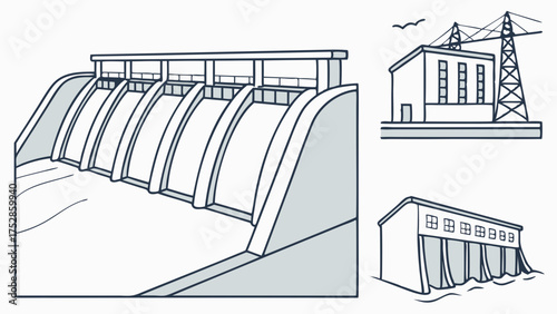 Hydroelectric Power Plant Dam Generating Clean Renewable Electricity Energy Infrastructure Illustration