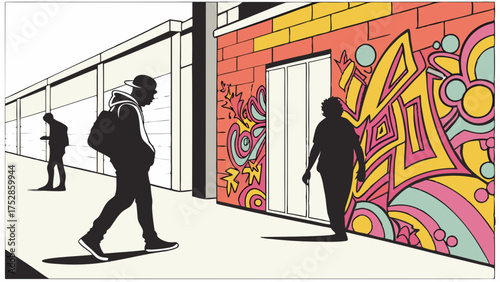 Urban Youth Silhouettes Walking Through Alley Past Vibrant Graffiti Wall Art Street Scene Illustration
