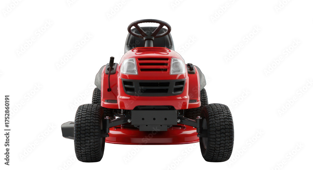 Fototapeta premium Front view of a shiny red riding lawn mower against black