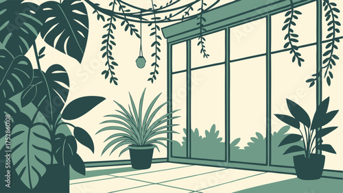 Modern Indoor Garden Room with Lush Potted Plants, Sunlight, and Large Window. Peaceful Biophilic Home Interior for Wellness.