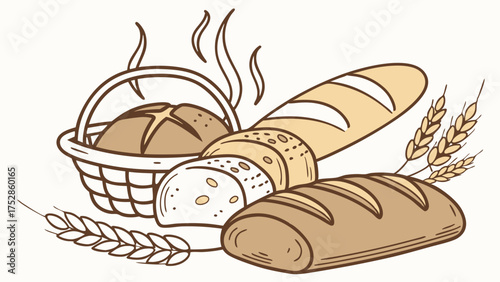 Freshly Baked Rustic Artisanal Bread and Wheat Stalks Hand Drawn for Bakery Marketing Food Packaging and Wholesome Natural Food