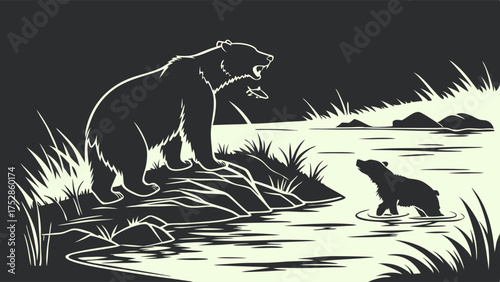Monochromatic Vector Art of Grizzly Bear and Cub Fishing in River. Nature Wildlife, Survival, and Outdoor Adventure Illustration.