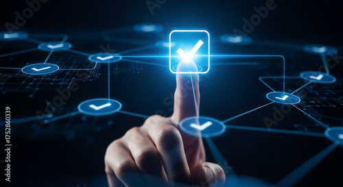 Digital Approval: A close-up shot of a hand touching a glowing checkmark, symbolizing digital approval and validation within a network. It reflects the intersection of technology and decision-making.