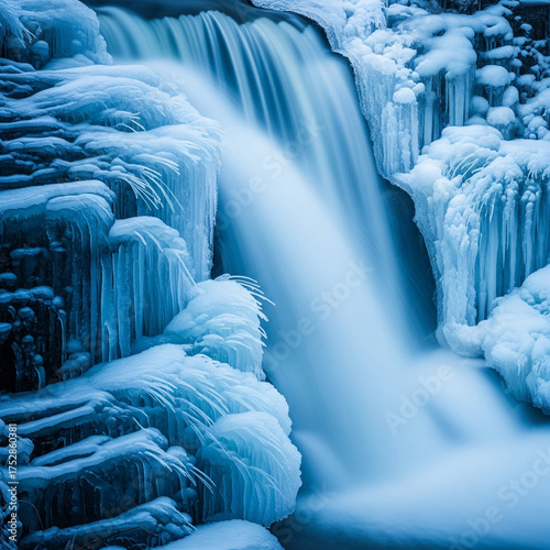 Stunning winter waterfall scene with flowing water and icy formations, a serene and calming nature landscape perfect for travel, adventure, and environmental projects, a breathtaking view