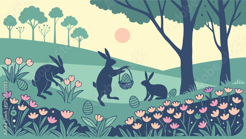 Happy Easter Bunnies Hiding Eggs in a Vibrant Spring Meadow. Festive Holiday Celebration Vector Illustration for Family Marketing, Web Design, and Kids.
