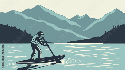 Person Stand Up Paddleboarding on Serene Mountain Lake. Outdoor Adventure, Healthy Water Sport, and Summer Travel Relaxation Vector Illustration.