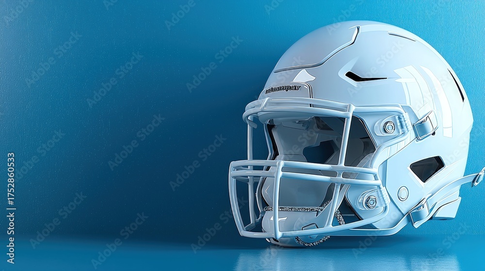 Fototapeta premium White American Football Helmet on a Blue Background with Copy Space.