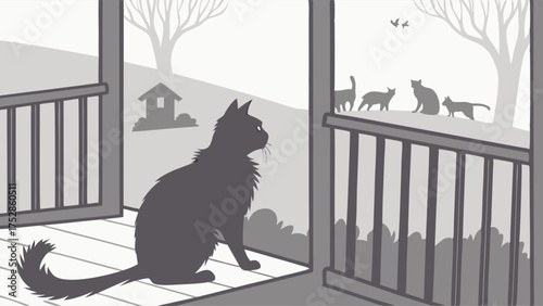 Domestic Black Cat Illustration Watching Outdoor Stray Cats and Birds Through Window Longing for Freedom