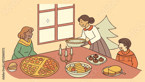 Happy Family Celebrating Christmas Holiday Dinner. Woman Serving Delicious Festive Meal at Cozy Home Table.