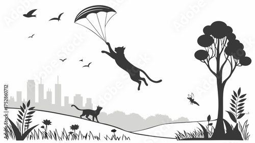 Brave Cat Parachuting from Urban City to Green Nature. Freedom, New Beginnings, Relocation, Transition