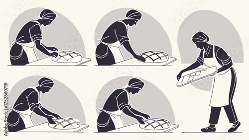 Baking Bread Process Steps Illustration. Person Scoring Homemade Dough for Artisan Loaf. Culinary Recipe Tutorial Guide.
