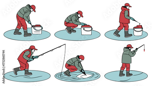 Winter Ice Fishing Steps Angler Drilling Hole Setting Rod Catching Fish on Frozen Lake Outdoor Recreation Hobby