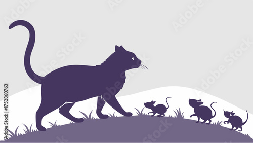 Silhouette Cat Leads Mice on Hilltop Symbolizing Business Risk, Dangerous Strategy, and Challenge