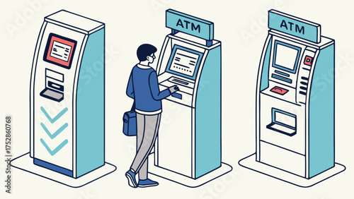 Customer Using ATM for Banking Transactions. Isometric Illustration of Financial Technology, Self-Service Banking, and Cash