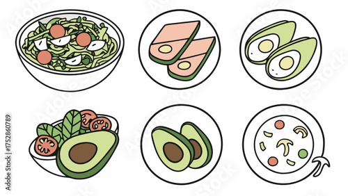 Healthy Diet Food Icons. Fresh Salad, Avocado, Ham, Soup Illustrations for Meal Planning and Nutrition Websites.
