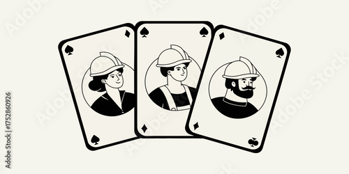 Three playing cards featuring construction workers with hard hats in black and white illustration style | editable eps vectors silhouette