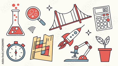 Flat Line Art STEM Icons for Science Technology Engineering Math Education and Innovation Development
