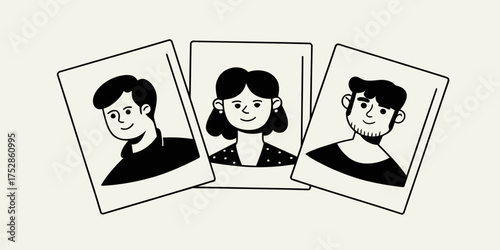 Three portrait photographs of people with black hair and outlines displayed on a light beige background | editable eps vectors silhouette