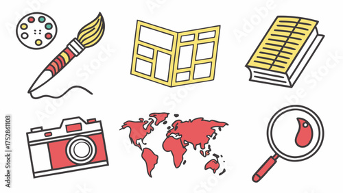Hand Drawn Icons for Creative Learning, Scientific Discovery, Art, Travel, Media Design