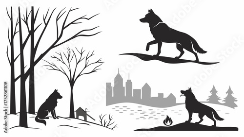 Winter Wolf Dog Silhouettes Set Illustrating Wild Nature, Pet Loyalty, Urban Adaptation for Wildlife and Pet Design