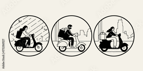 Three delivery persons riding scooters in different weather conditions inside circular frame design vector | editable eps vectors silhouette