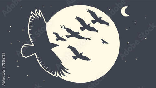 Dark Crows Flying Over Full Moon in Starry Night Sky Silhouette for Halloween, Mystery, and Nature