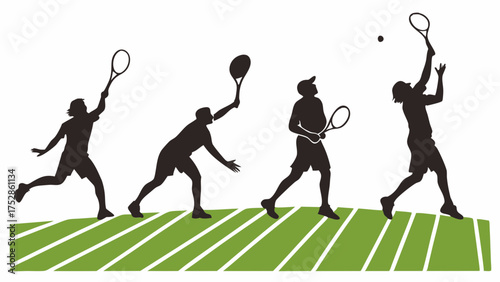 Dynamic Male Tennis Players in Action on Green Court. Athletic Silhouettes for Sports Marketing and Fitness Advertising.
