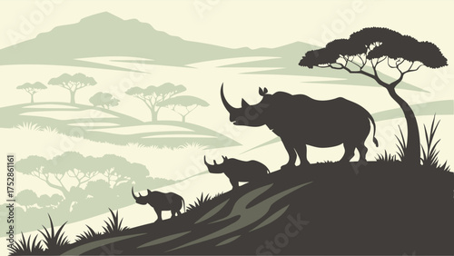 Majestic Rhino Family Silhouette Roaming African Savanna Landscape. Wildlife Conservation, Safari Travel, Education