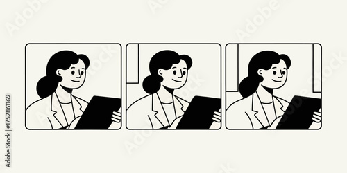 Three portraits of a woman in a suit holding a tablet with a smile in a black and white illustration | editable eps vectors silhouette