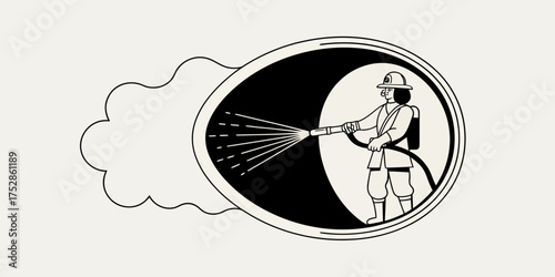 Firefighter spraying water inside an oval shape with cloud like shape on the left side design is simple | editable eps vectors silhouette