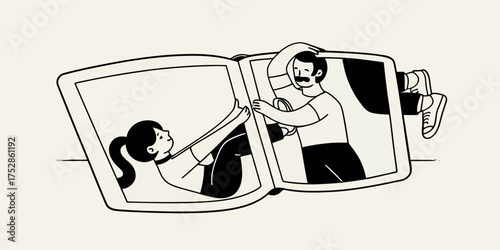 Illustration of a woman stretching and a man driving inside a large open book on a light background | editable eps vectors silhouette