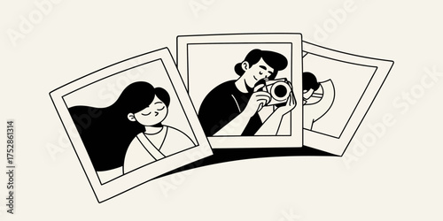 Three framed photos displaying a woman, a man with a camera, and a partial face in monochrome style | editable eps vectors silhouette