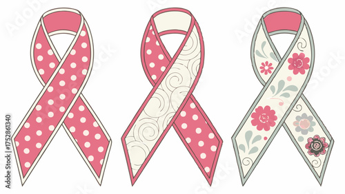 Three Decorative Pink Breast Cancer Awareness Ribbons for Women's Health, Support, and October Fundraising