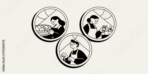 Three circular vignettes showcase individuals engaged in baking, crafting, and food preparation activities | editable eps vectors silhouette