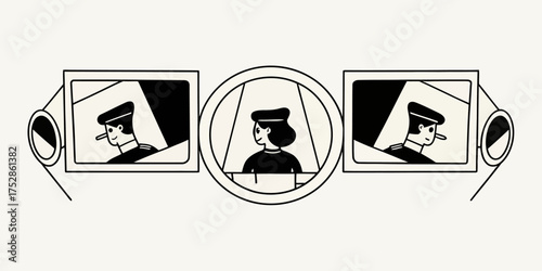 Illustration showing three people in separate framed windows connected by circles and lines | editable eps vectors silhouette