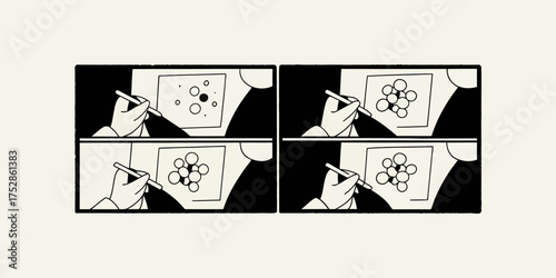 Illustration showing a hand drawing circles on a paper in four sequential panels with black and white | editable eps vectors silhouette